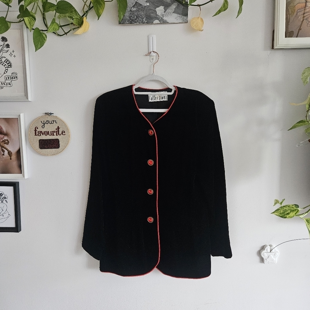 Vintage 80's Velour JS Collections Coat With Jewel Red Buttons & Trim